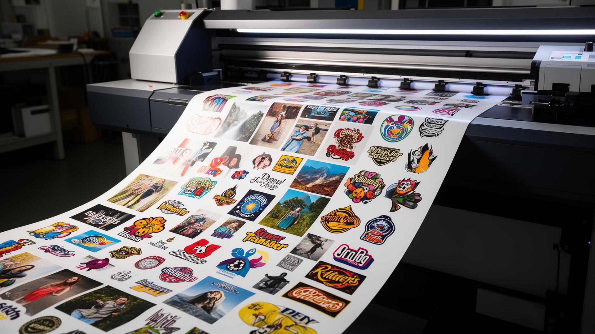 A long DTF gang sheet emerging from a wide-format printer, filled with dozens of vivid full-color designs