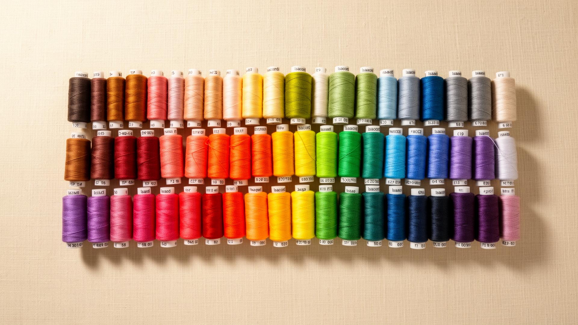 Rainbow gradient of Isacord embroidery thread spools laid out on cream linen