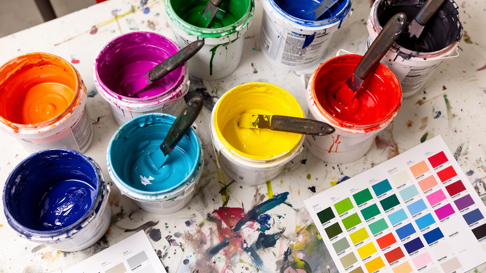 Open buckets of vivid silkscreen inks in orange, magenta, blue, yellow and red on a workshop table with a Pantone swatch chart